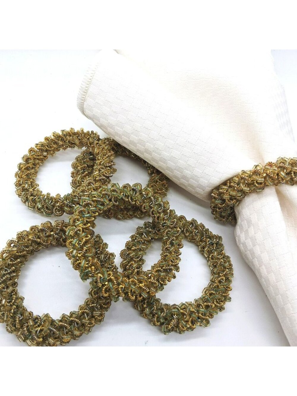 Gold Beaded & Metal Napkin Rings Handcrafted Fancy Vintage Table DecorSet of 6